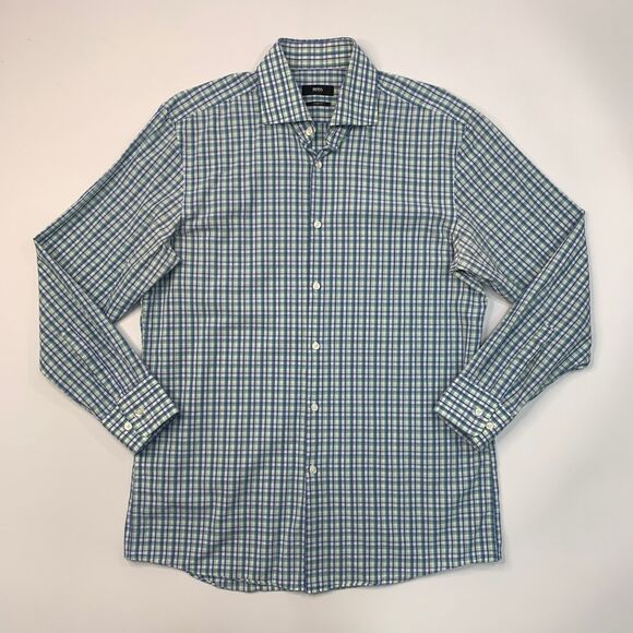 Hugo Boss Shirt Mens 16 Blue Green Slim Sharp Fit Plaid Button Up Long Sleeve - Picture 2 of 11